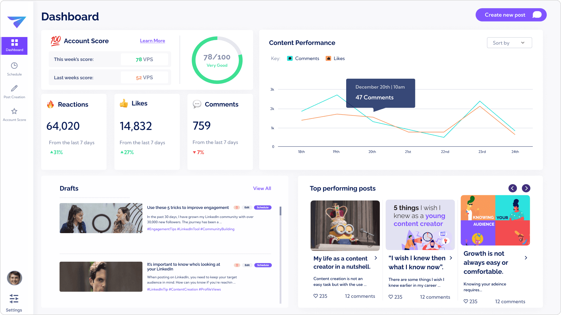 User dashboard on Vulse